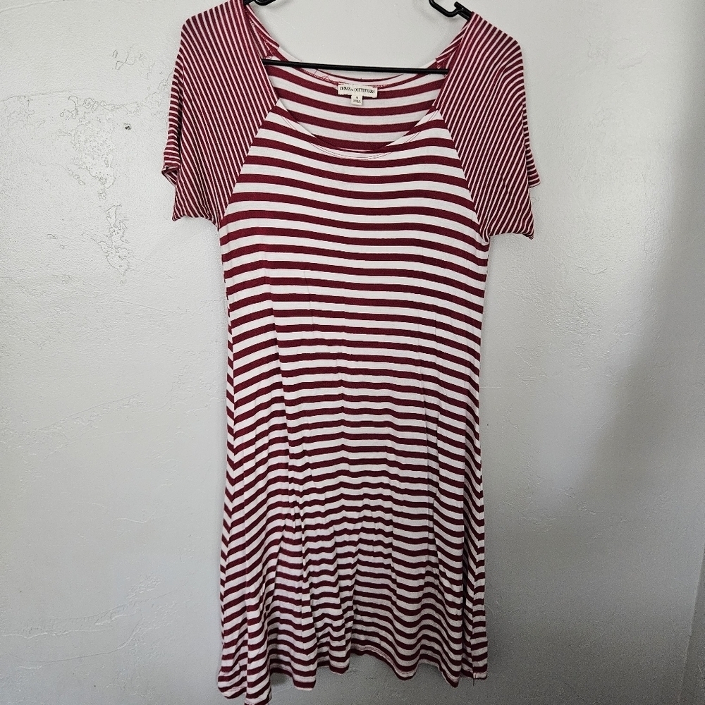 Zenana Women's Medium Red and Cream Striped T-shirt Dress Midi Short Sleeve Soft